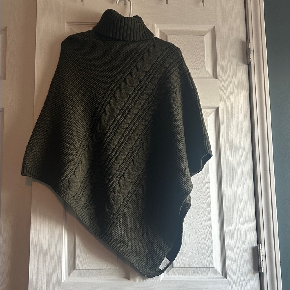 Women's Olive Green Turtleneck Poncho Sweater - Picture 5 of 11